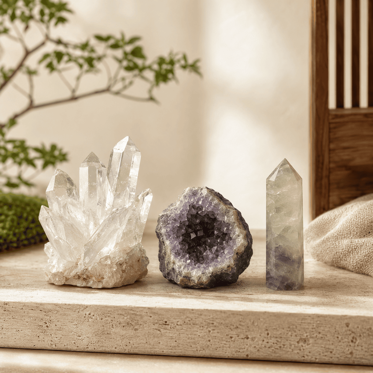 Natural crystal décor arranged in a calm, grounded interior