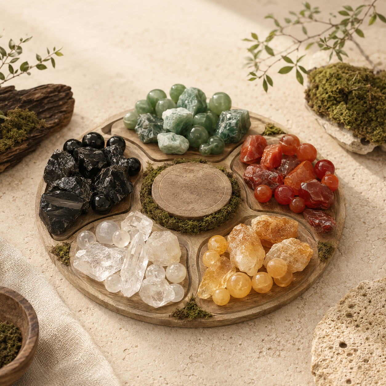 Five Elements crystal arrangement representing Wood, Fire, Earth, Metal and Water